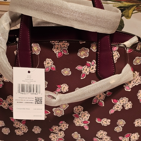 Kate Spade Tinsel Frosted Floral Deep Berry Satchel/Crossbody Bag - Picture 5 of 14